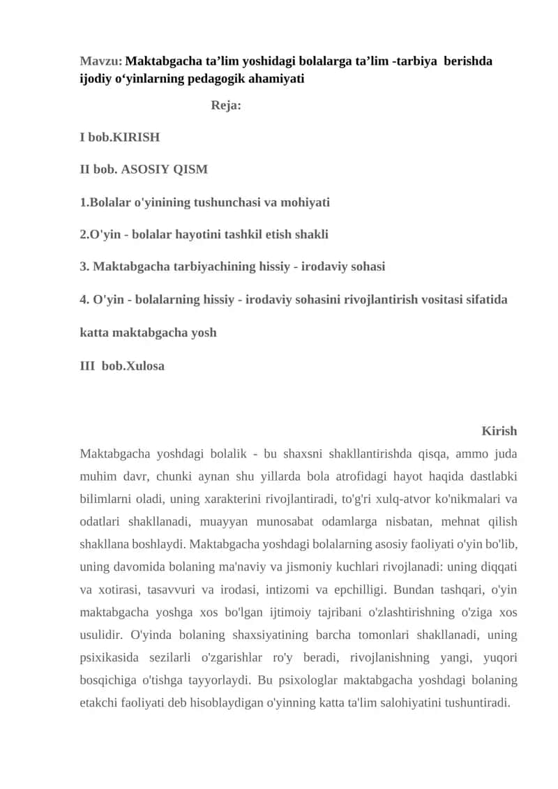 Maktabgacha ta'lim yoshidagi bolalarga ta'lim - tarbiya berishda ijodiy o‘yinlarning pedagogik ahamiyati 1