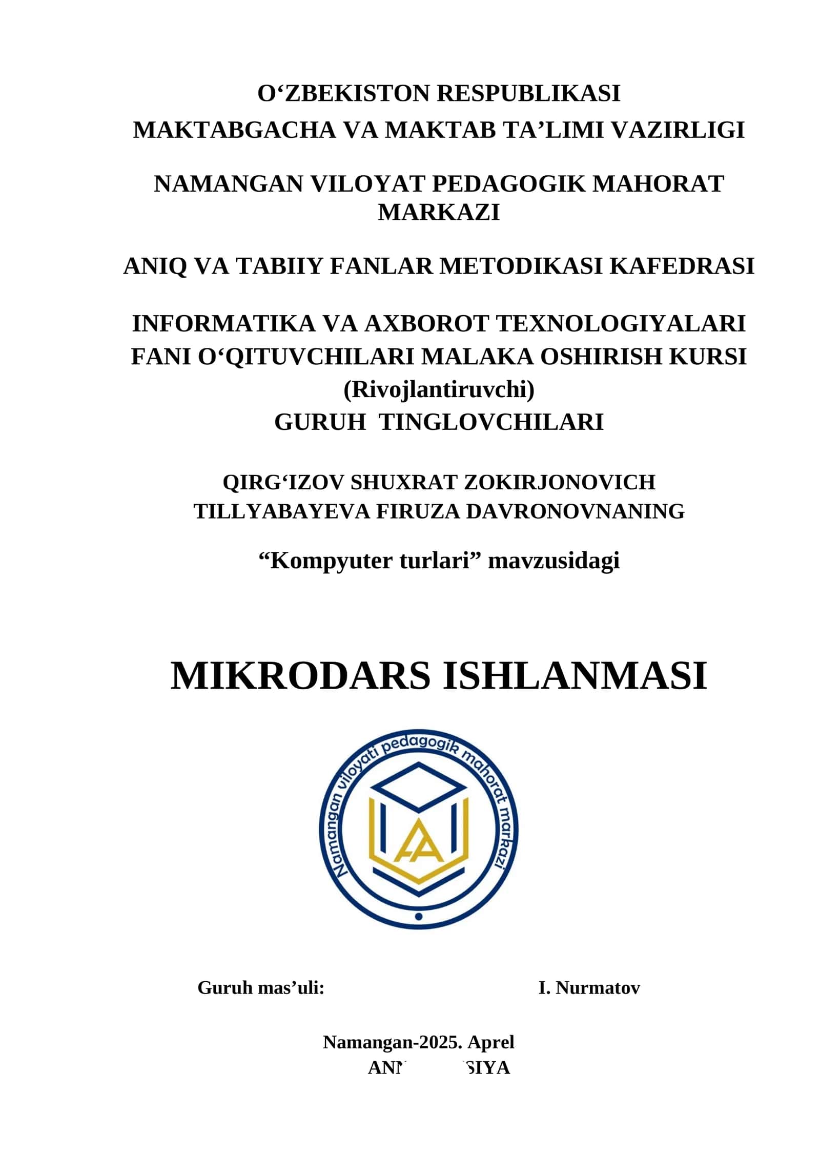 “Kompyuter turlari” mavzusidagi MIKRODARS ISHLANMASI 1