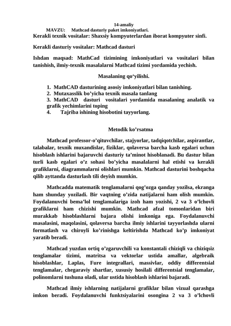 Mathcad dasturiy paket imkoniyatlari 1