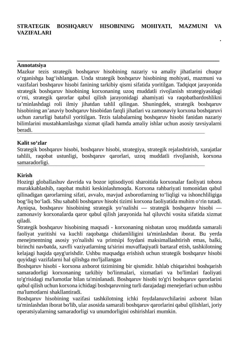 Strategik boshqaruv hisobining mohiyati, mazmuni va vazifalari 1