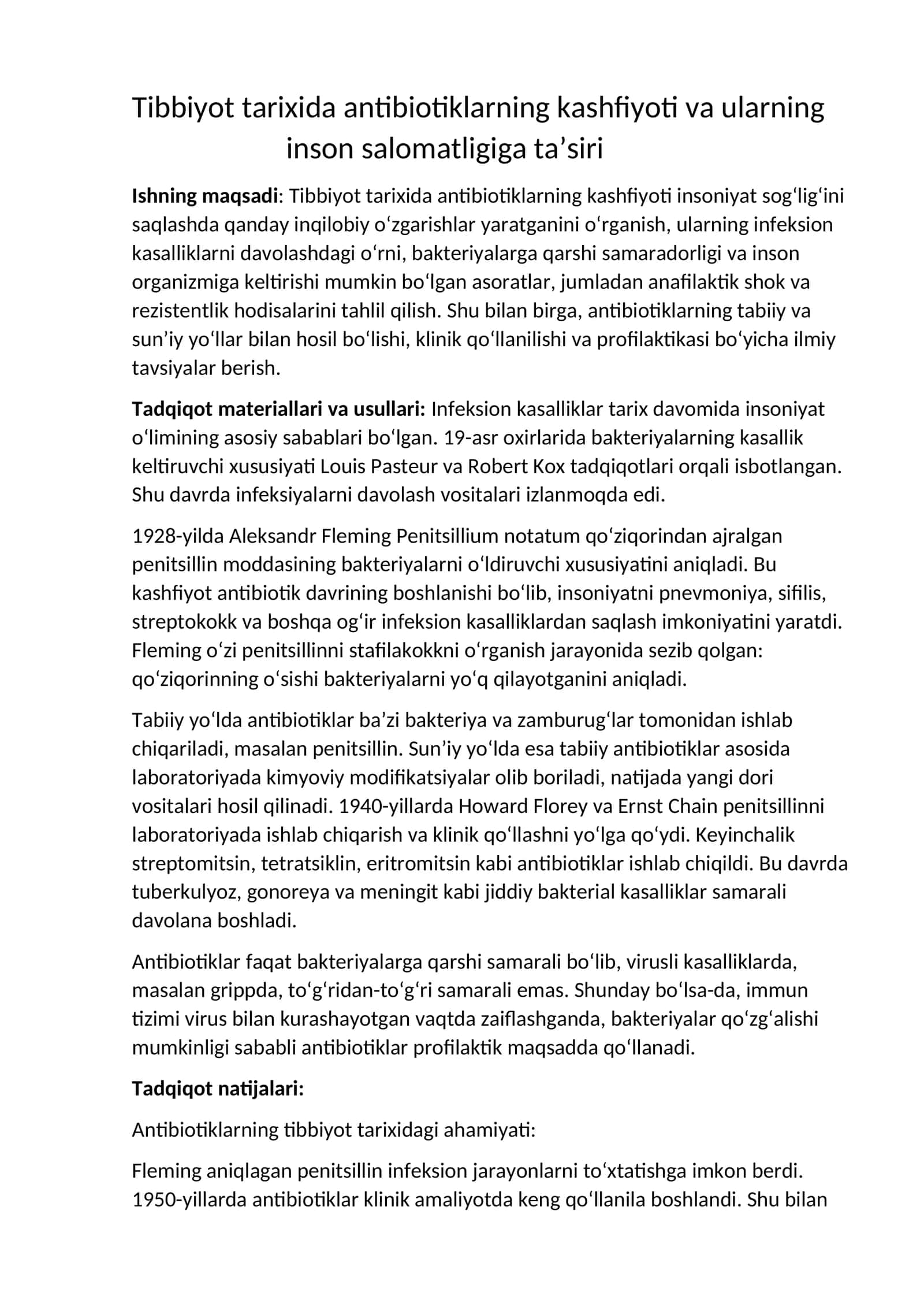 Tibbiyot tarixida antibiotiklarning kashfiyoti va ularning inson salomatligiga ta’siri 1