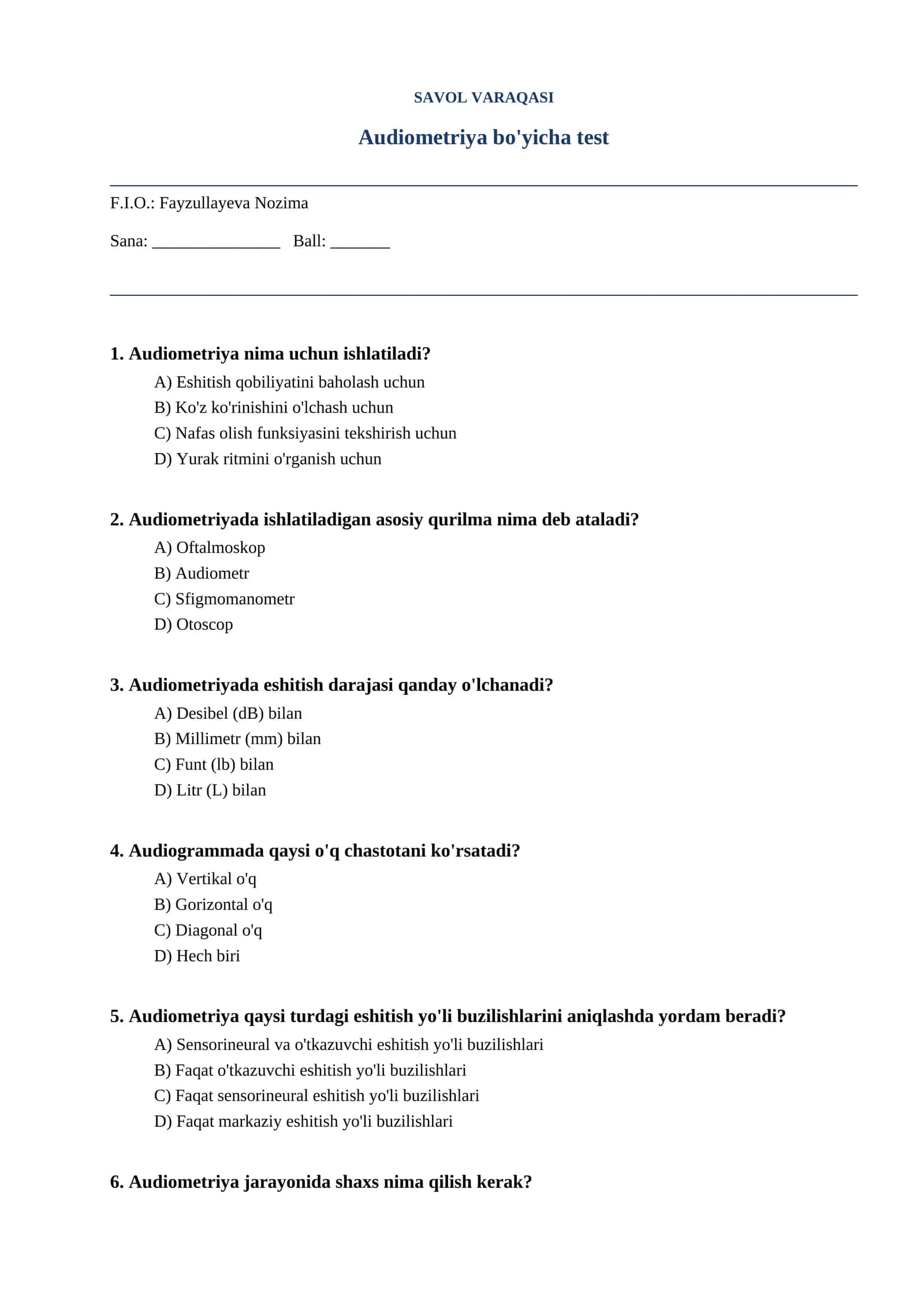 Audiometriya bo'yicha test 1
