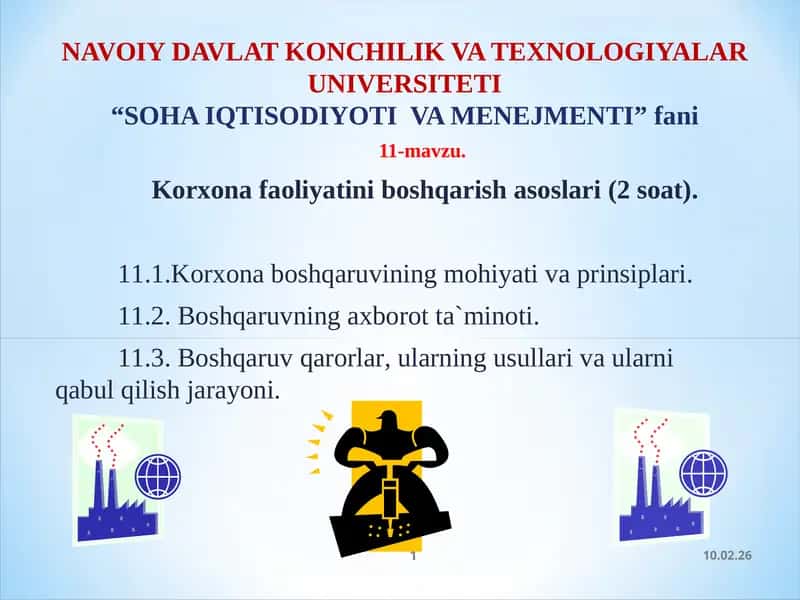 Korxona faoliyatini boshqarish asoslari(2 soat) 1