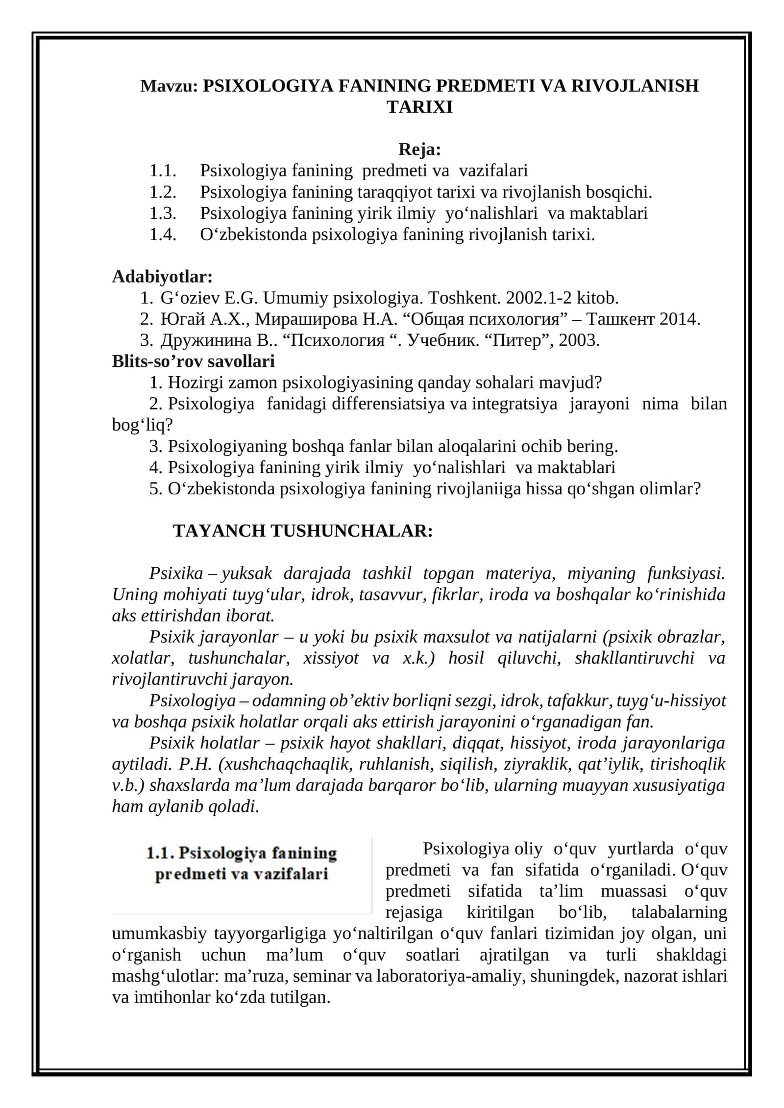 PSIXOLOGIYA FANINING PREDMETI VA RIVOJLANISH TARIXI 1
