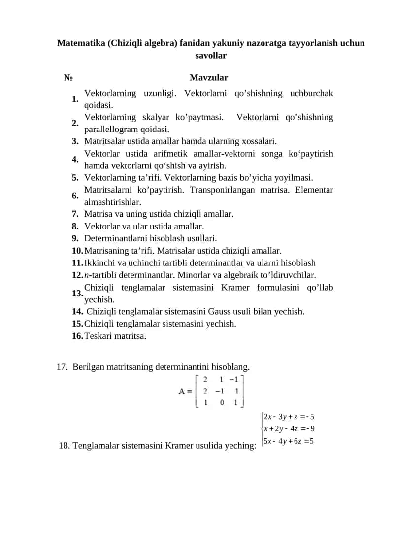 Matematika (Chiziqli algebra) fanidan yakuniy nazoratga tayyorlanish uchun savollar 1