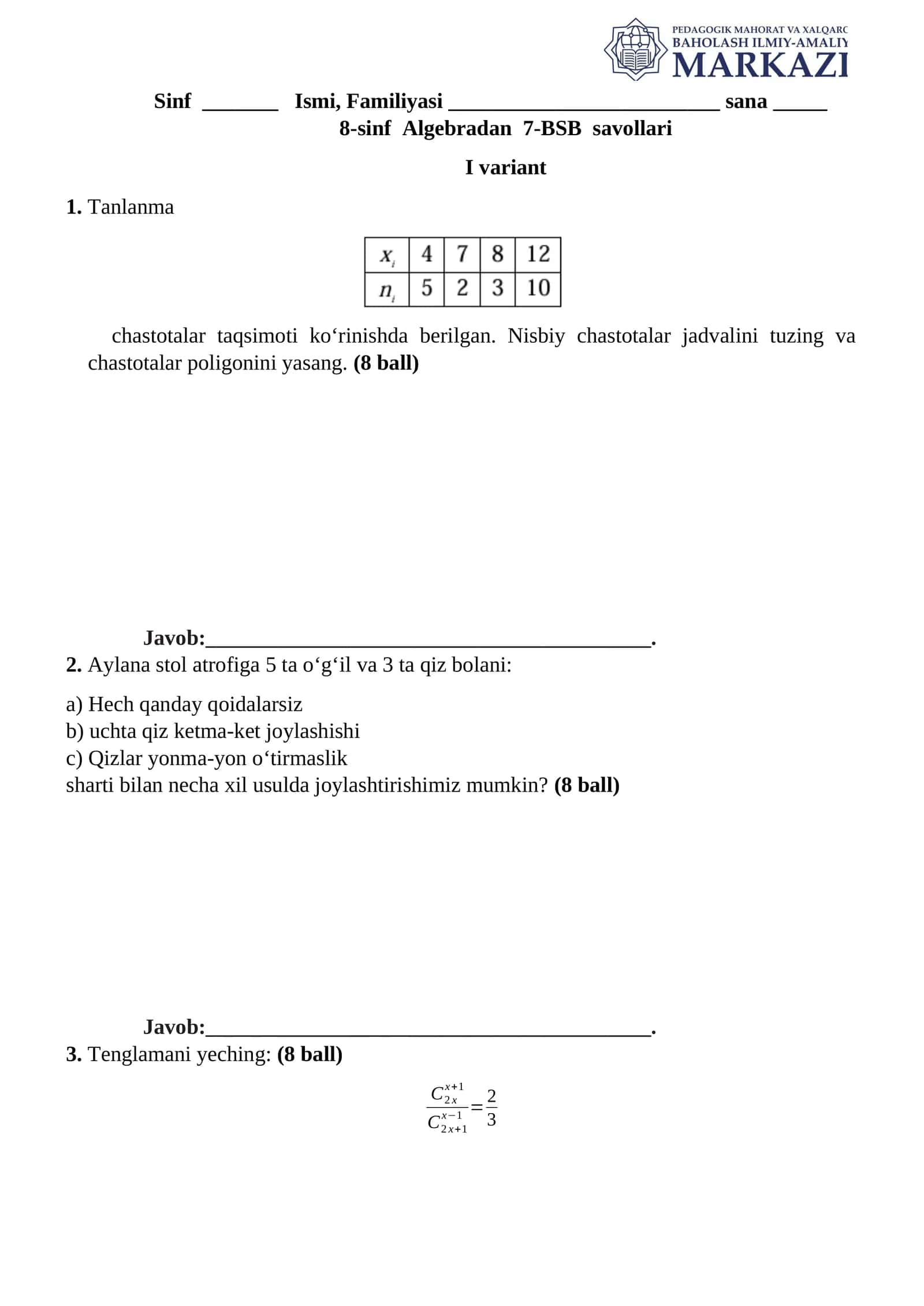 8-sinf Algebradan 7-BSB savollari 1