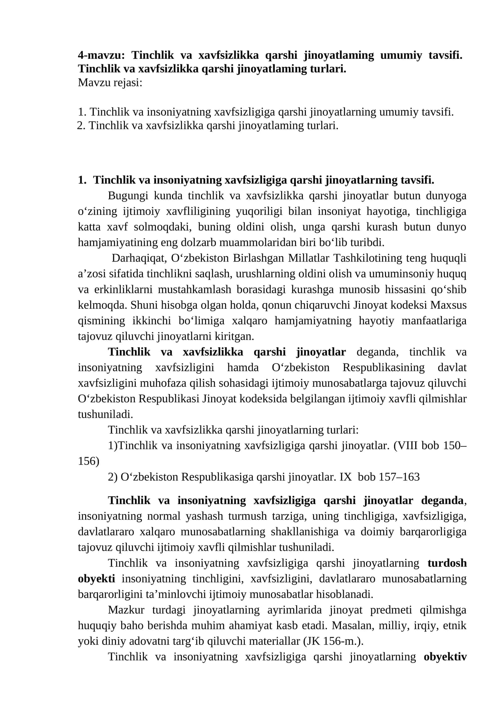 4-mavzu: Tinchlik va xavfsizlikka qarshi jinoyatlaming umumiy tavsifi 1