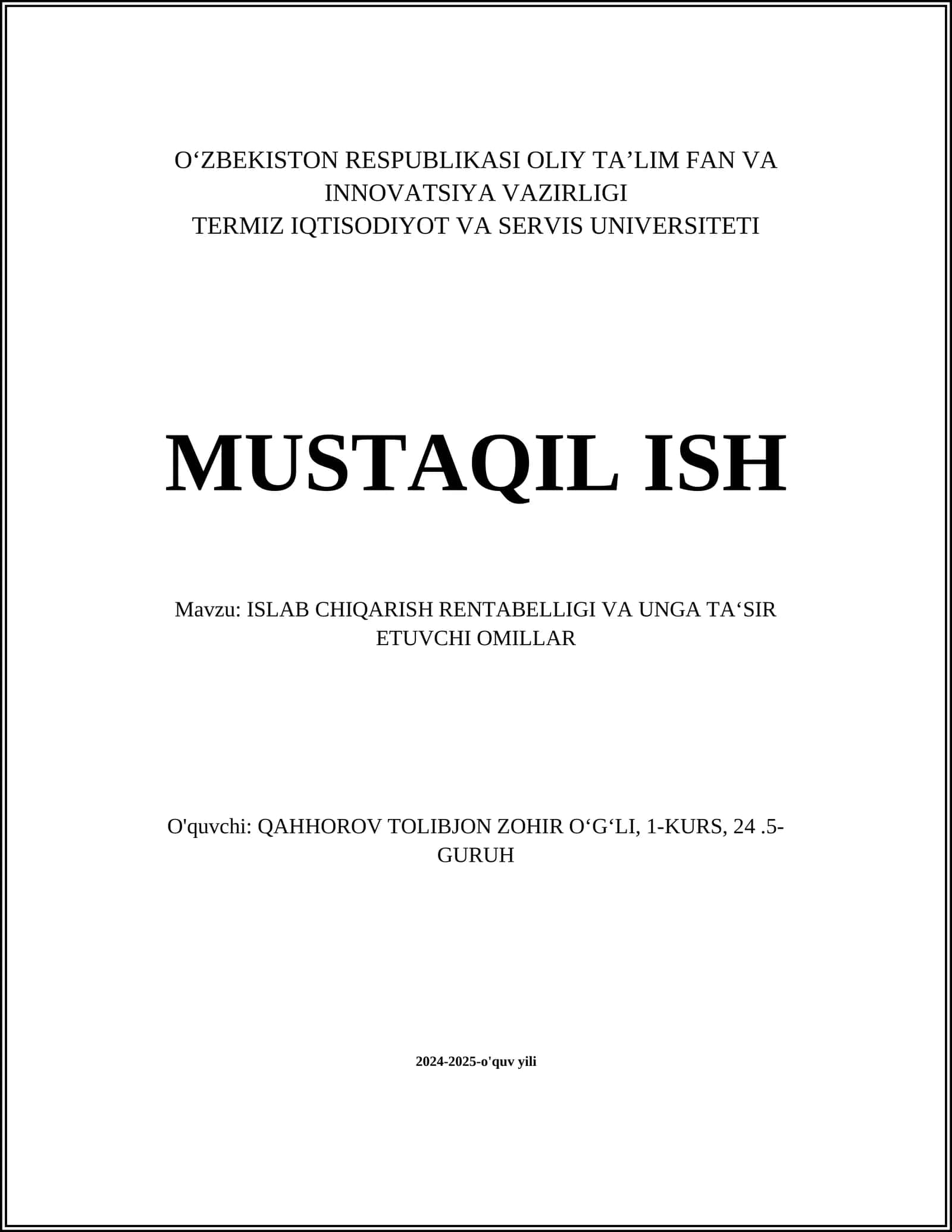 ISLAB CHIQARISH RENTABELLIGI VA UNGA TAʻSIR ETUVCHI OMILLAR 1