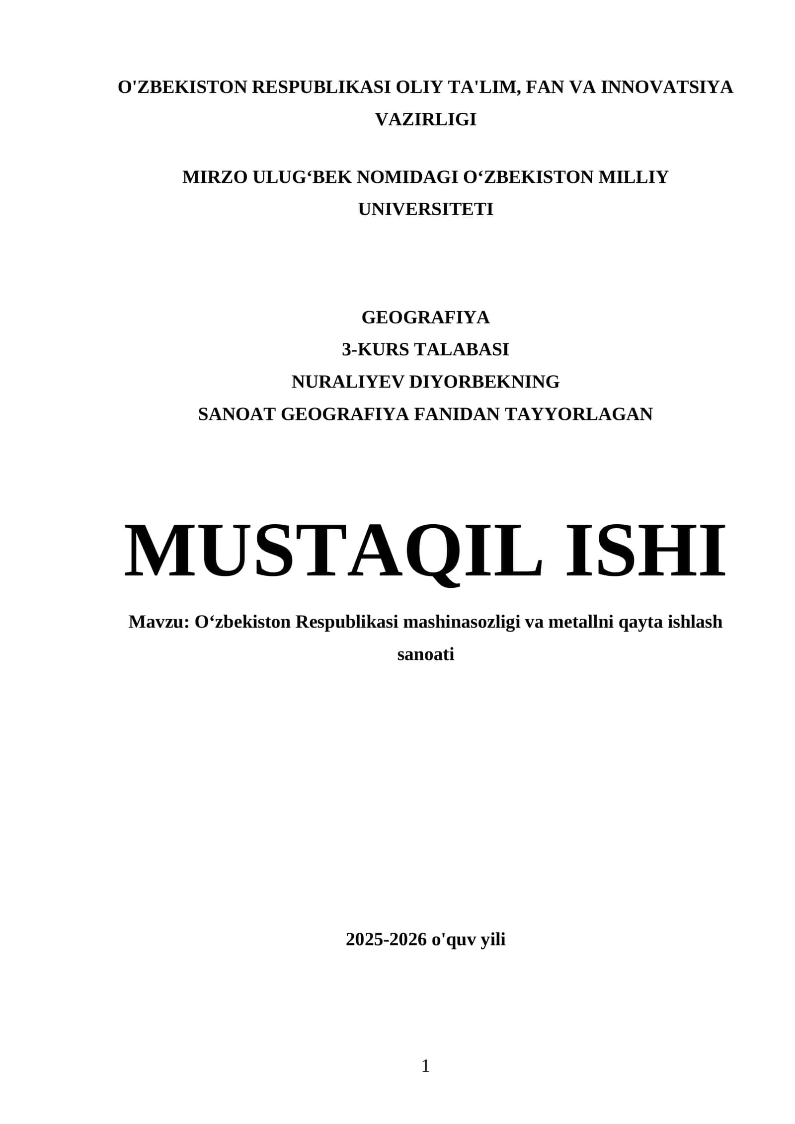 Oʻzbekiston Respublikasi mashinasozligi va metallni qayta ishlash sanoati 1