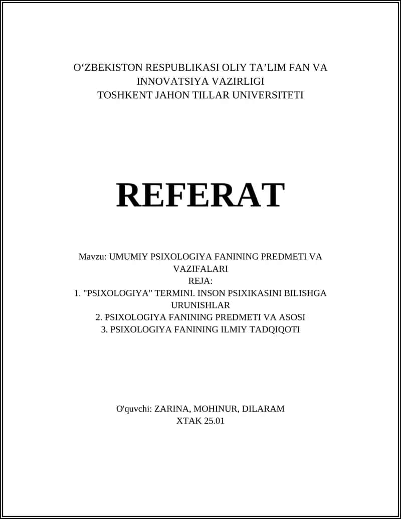 PSIXOLOGIYA FANINING PREDMETI VA VAZIFALARI 1