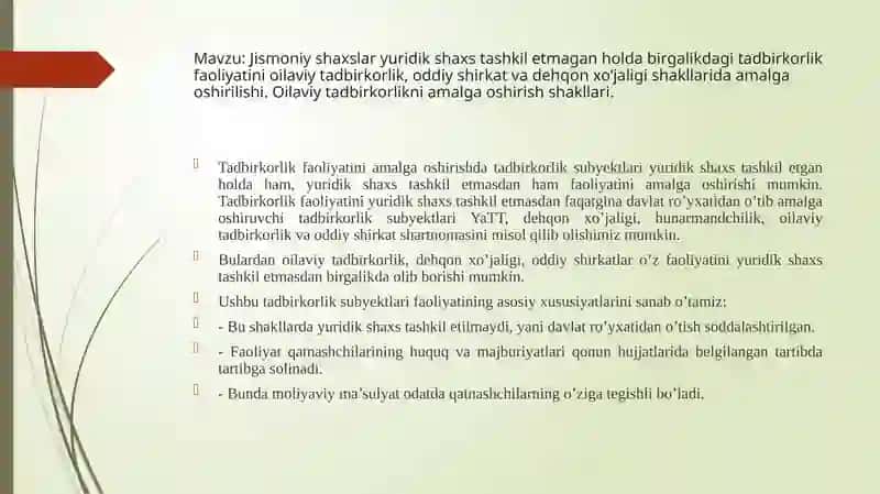Oilaviy tadbirkorlikni amalga oshirish shakllari