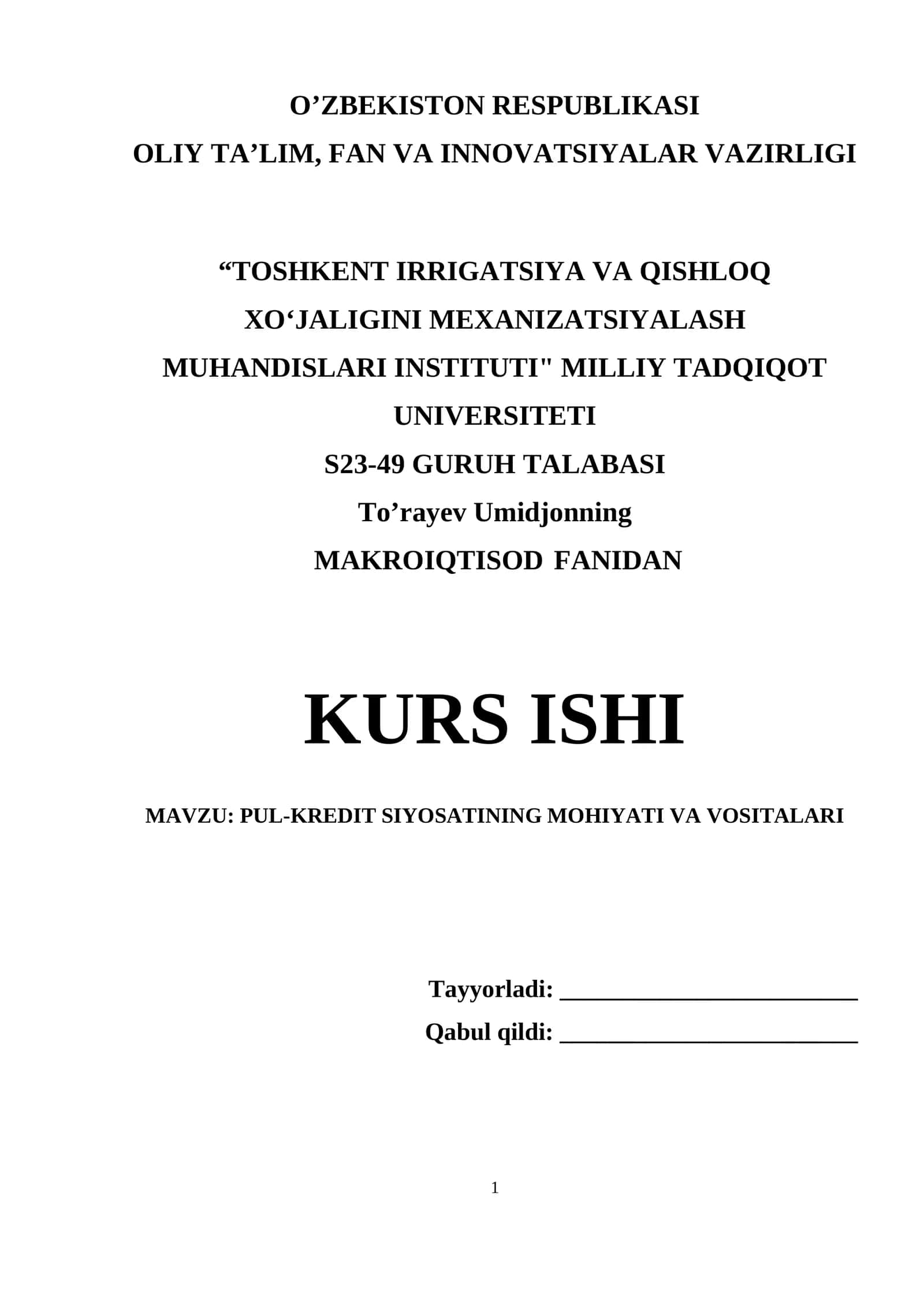 PUL-KREDIT SIYOSATINING MOHIYATI VA VOSITALARI 1