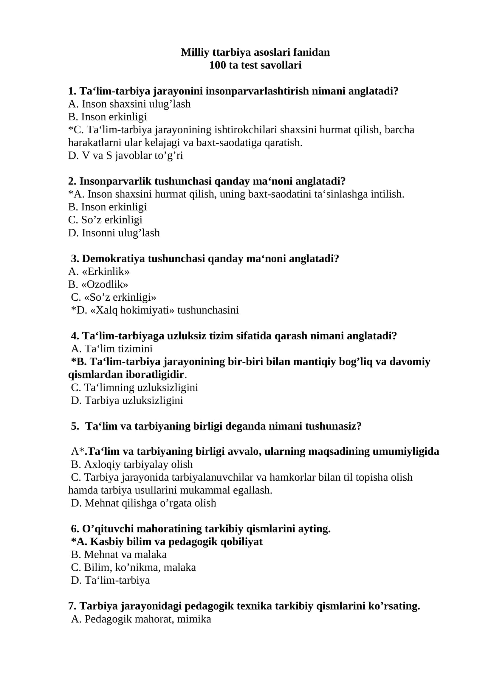 Milliy ttarbiya asoslari fanidan 100 ta test savollari 1