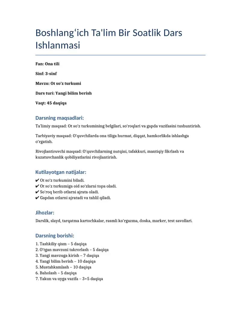 Boshlang‘ich Ta'lim Bir Soatlik Dars Ishlanmasi 1