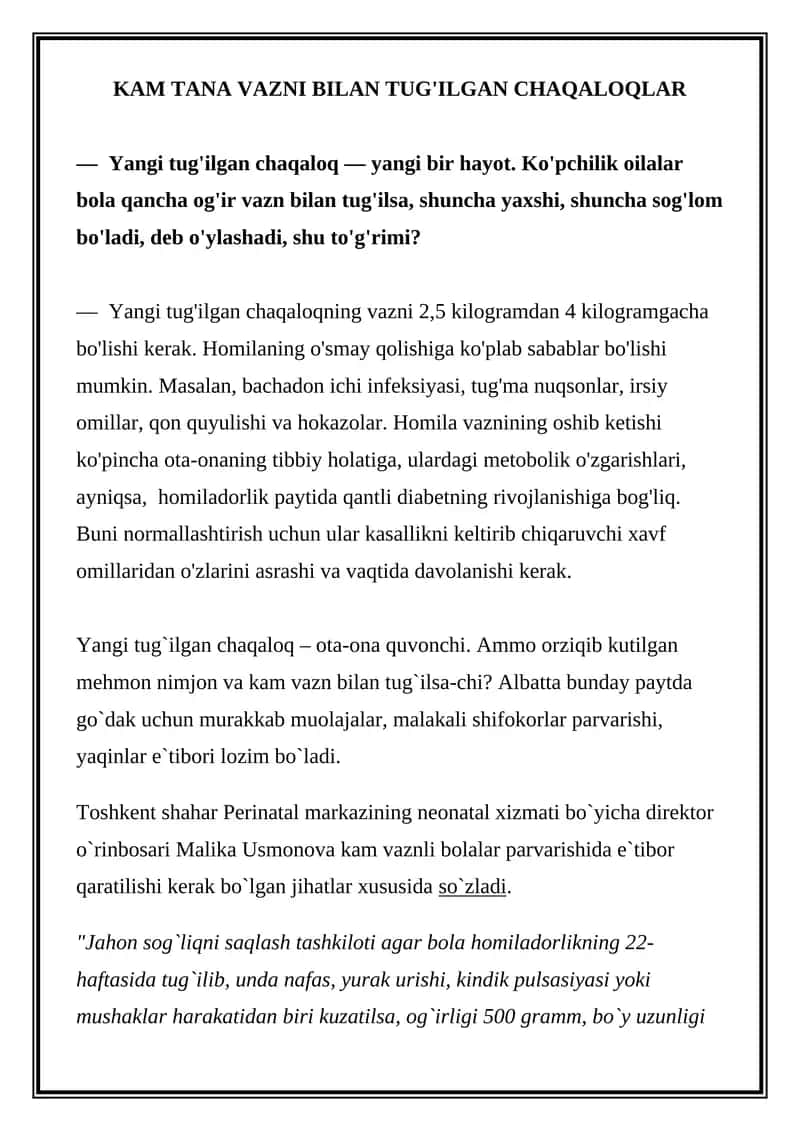 KAM TANA VAZNI BILAN TUG'ILGAN CHAQALOQLAR 1