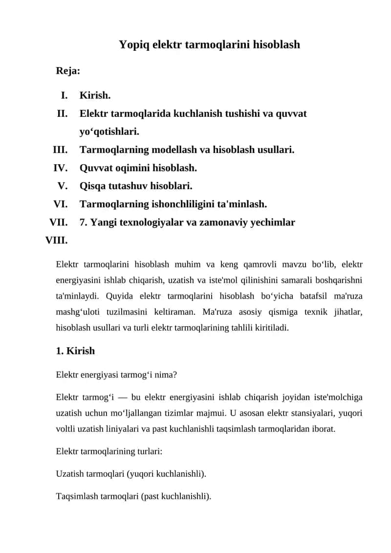 Yopiq elektr tarmoqlarini hisoblash 1