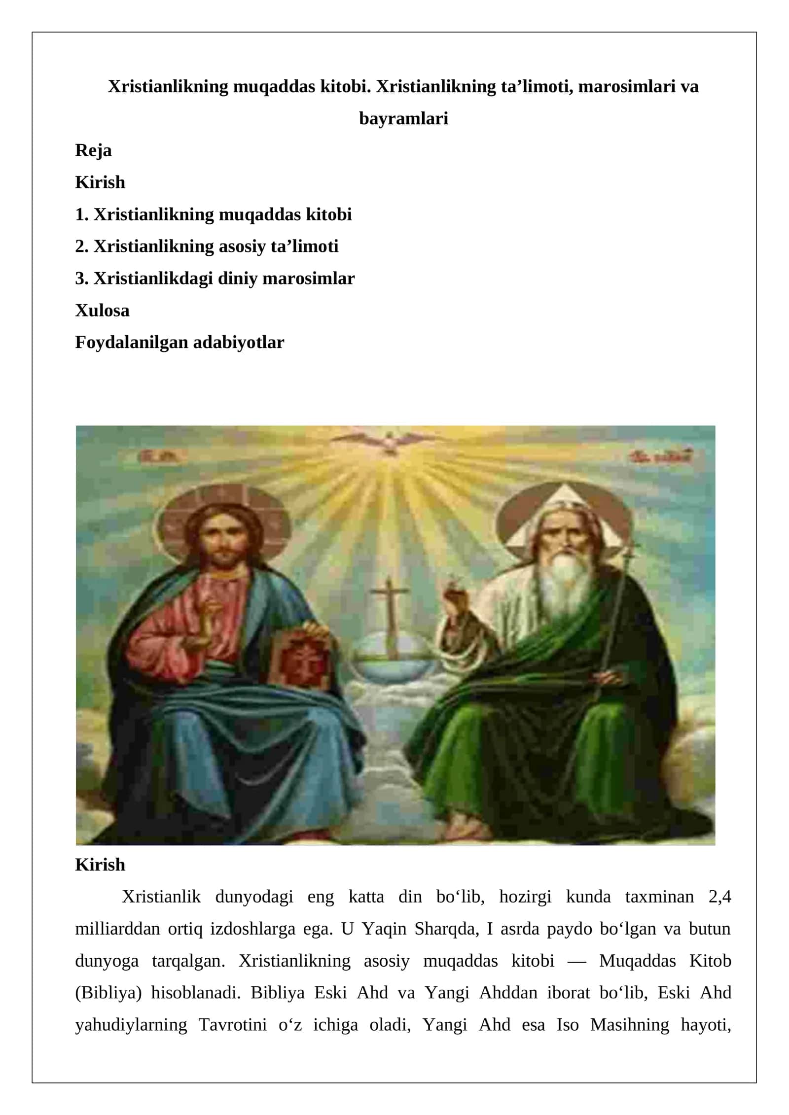 Xristianlikning muqaddas kitobi. Xristianlikning ta’limoti, marosimlari va bayramlari 1