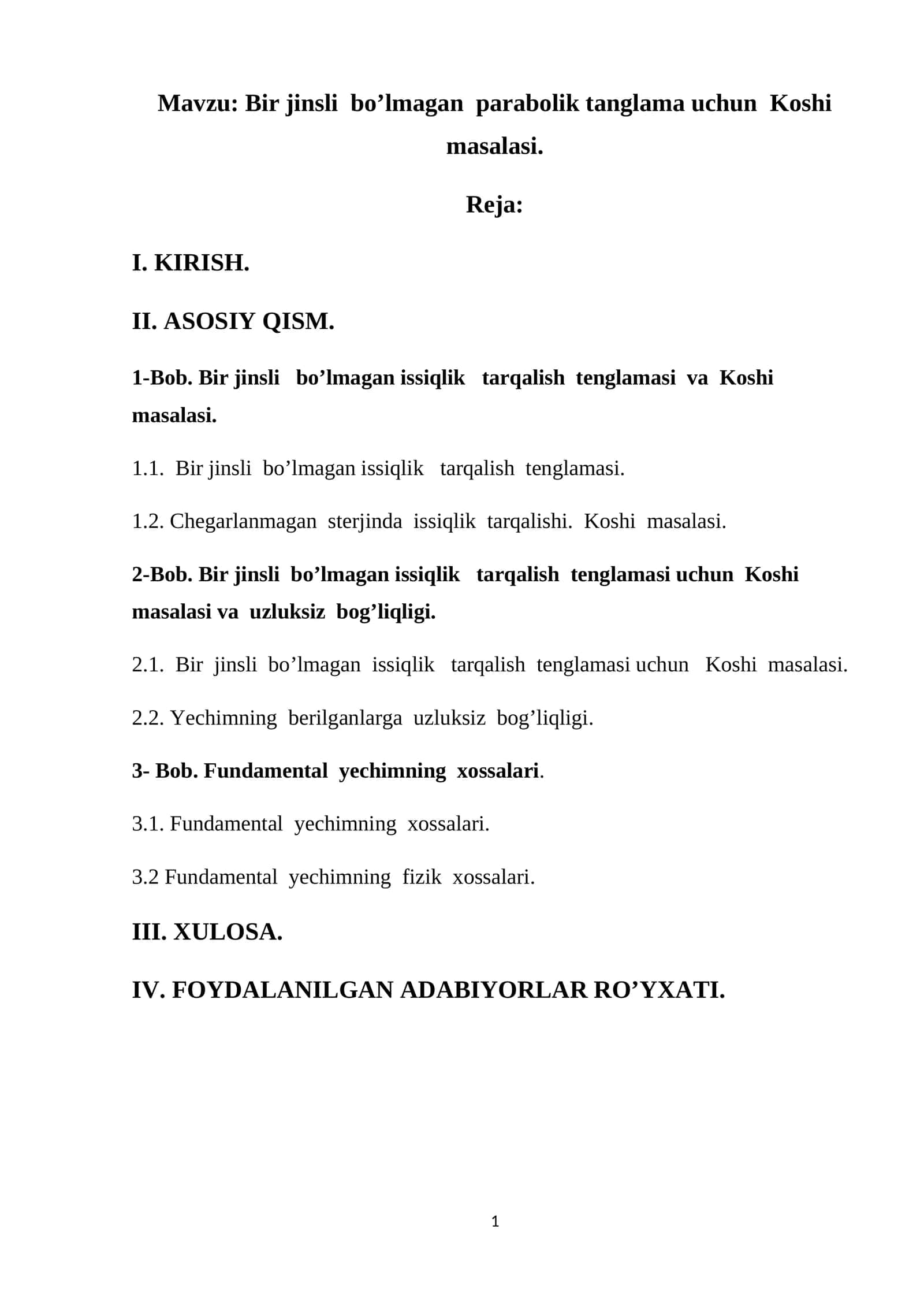 Bir jinsli bo’lmagan parabolik tanglama uchun Koshi masalasi 1