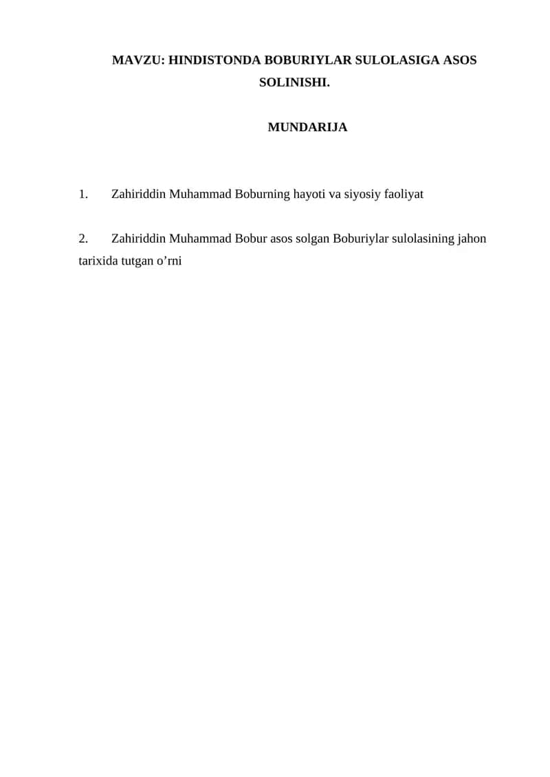 HINDISTONDA BOBURIYLAR SULOLASIGA ASOS SOLINISHI 1