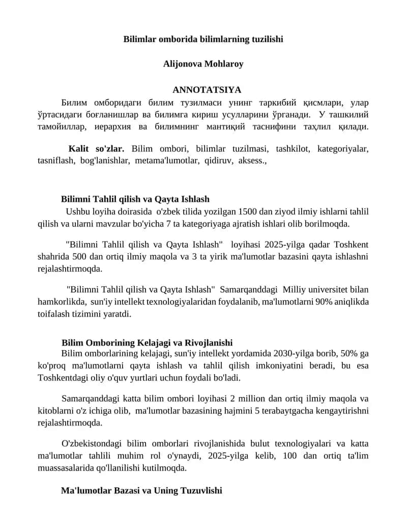 Bilimni Tahlil qilish va Qayta Ishlash 1
