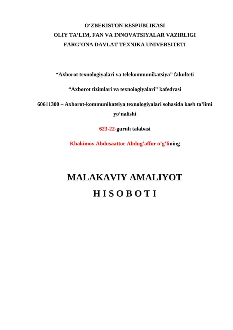 MALAKAVIY AMALIYOT HISOBOTI REJASI 1