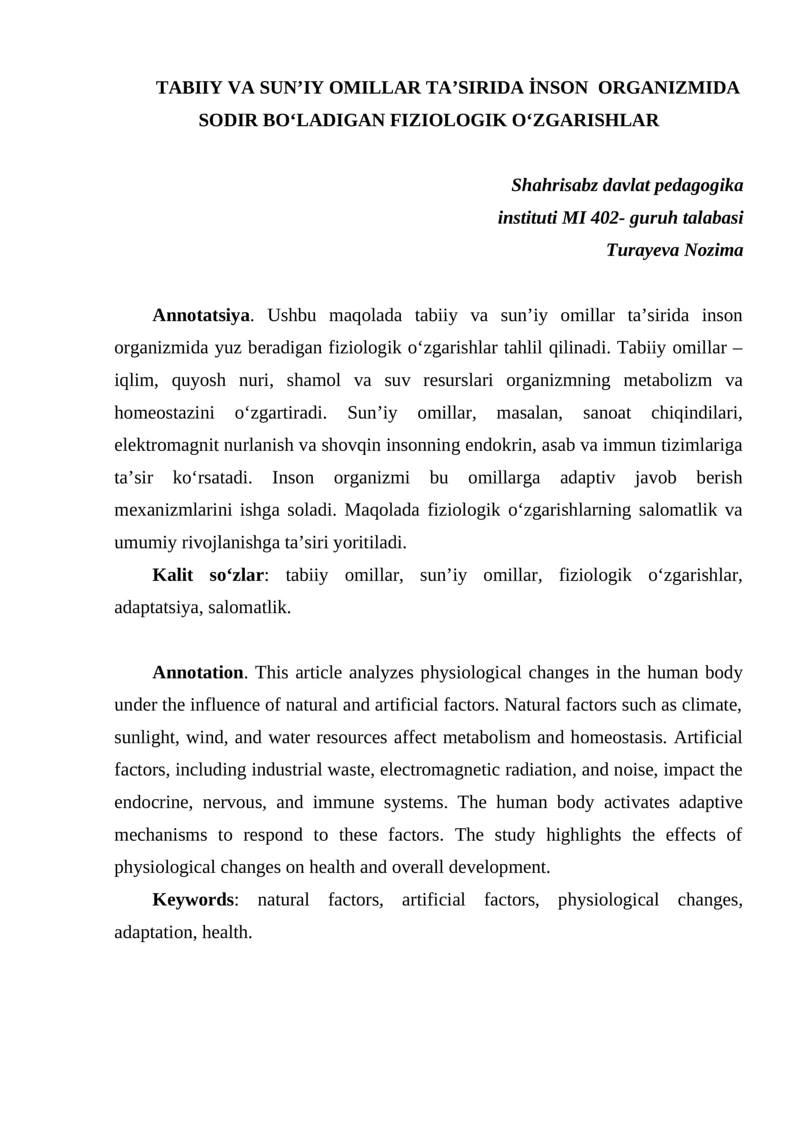 TABIIY VA SUN’IY OMILLAR TA’SIRIDA İNSON ORGANIZMIDA SODIR BO‘LADIGAN FIZIOLOGIK O‘ZGARISHLAR 1