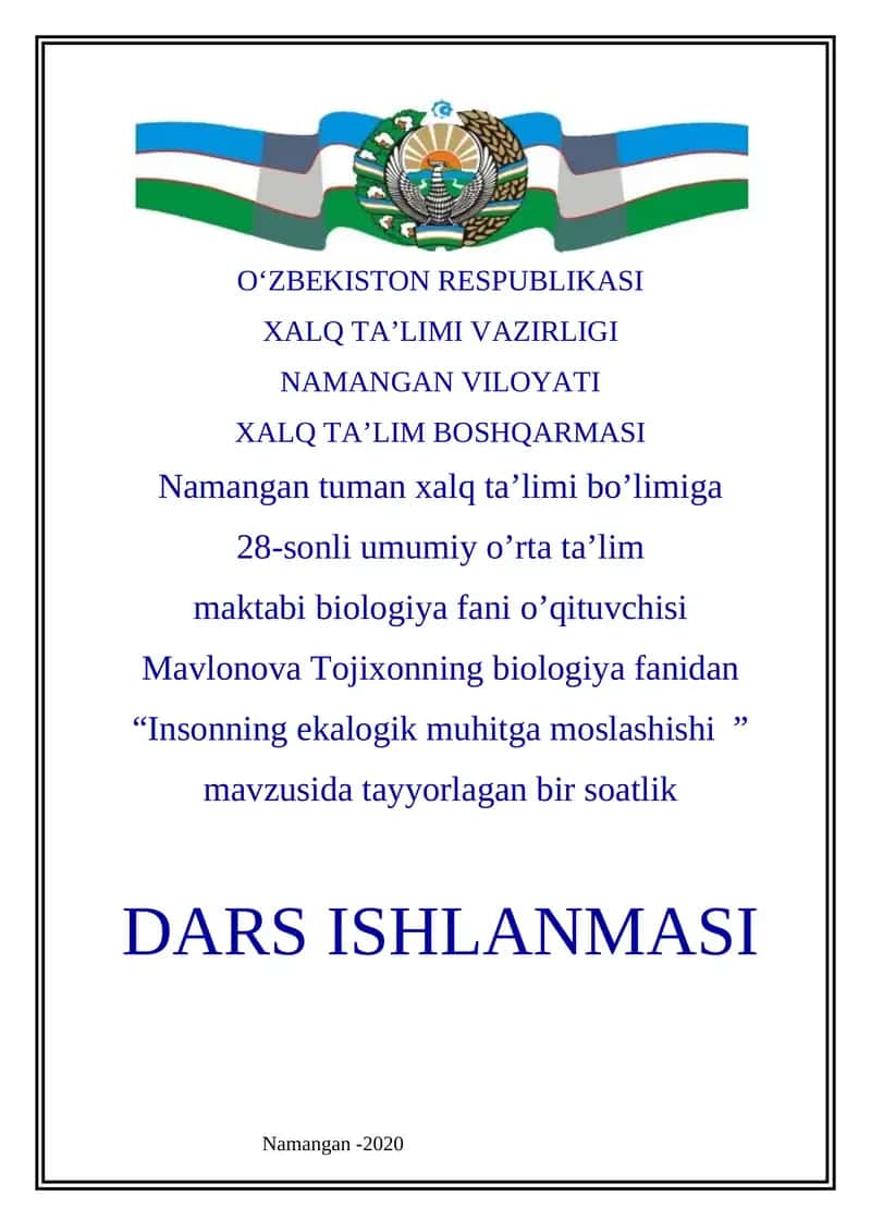 “Insonning ekalogik muhitga moslashishi” mavzusidagi biologiya fanidan dars ishlanmasi 1