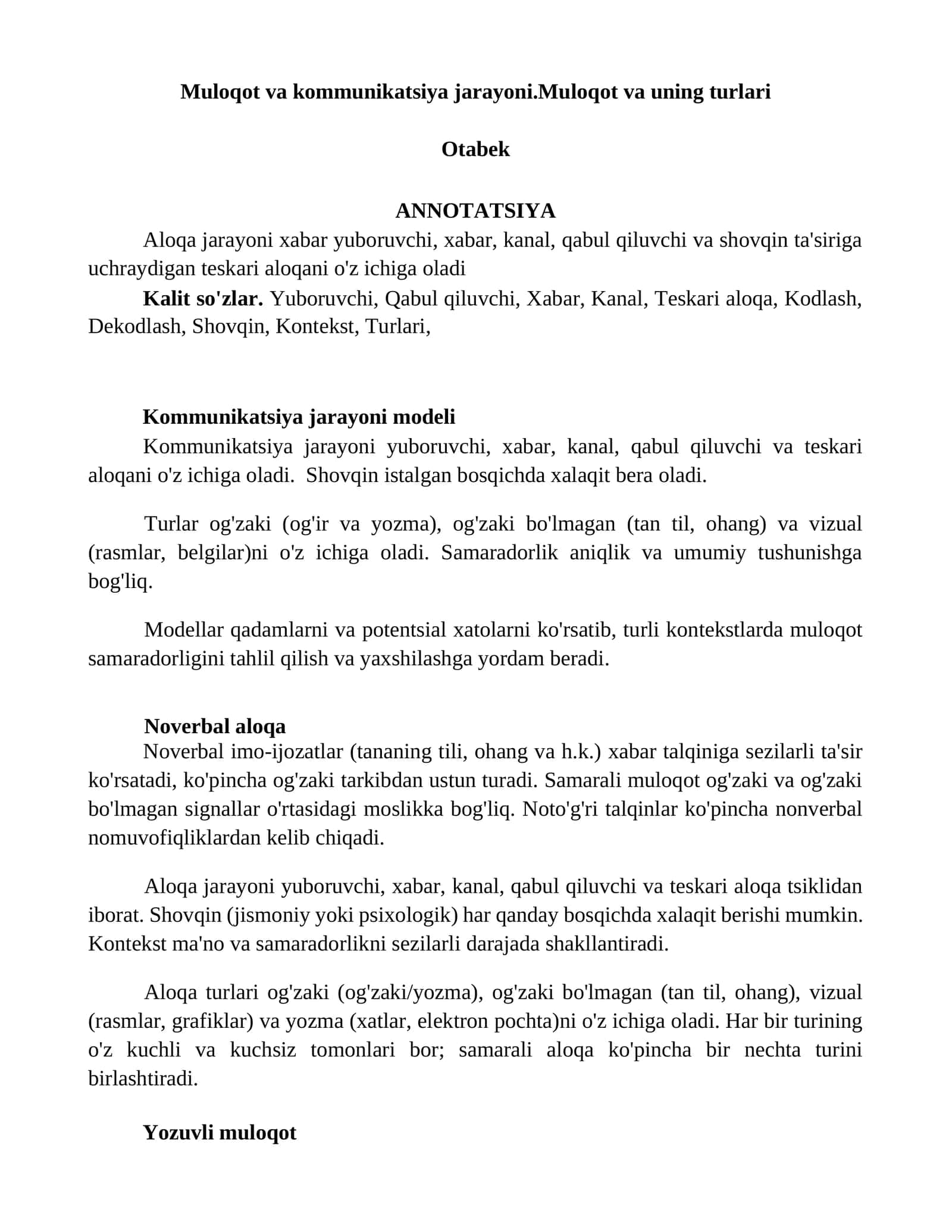 Muloqot va kommunikatsiya jarayoni.Muloqot va uning turlari 1
