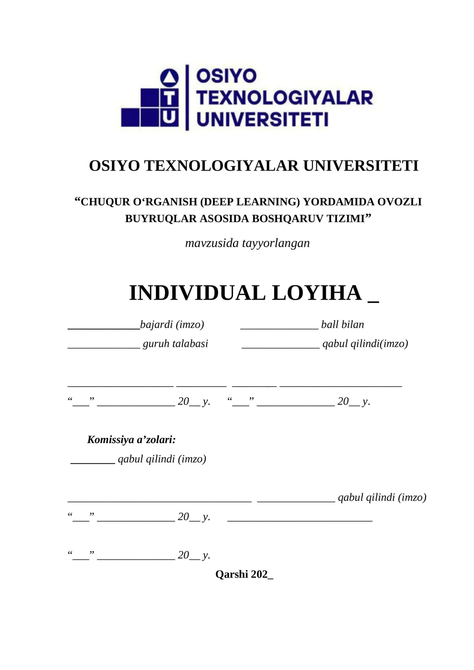 (DEEP LEARNING) CHUQUR O‘RGANISH  YORDAMIDA OVOZLI BUYRUQLAR ASOSIDA BOSHQARUV TIZIMI 1