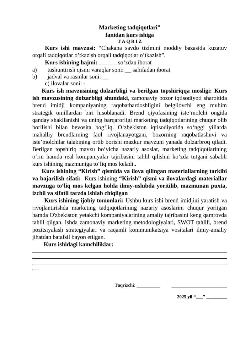 Marjeting tadqiqotlari Kurs ishi 1