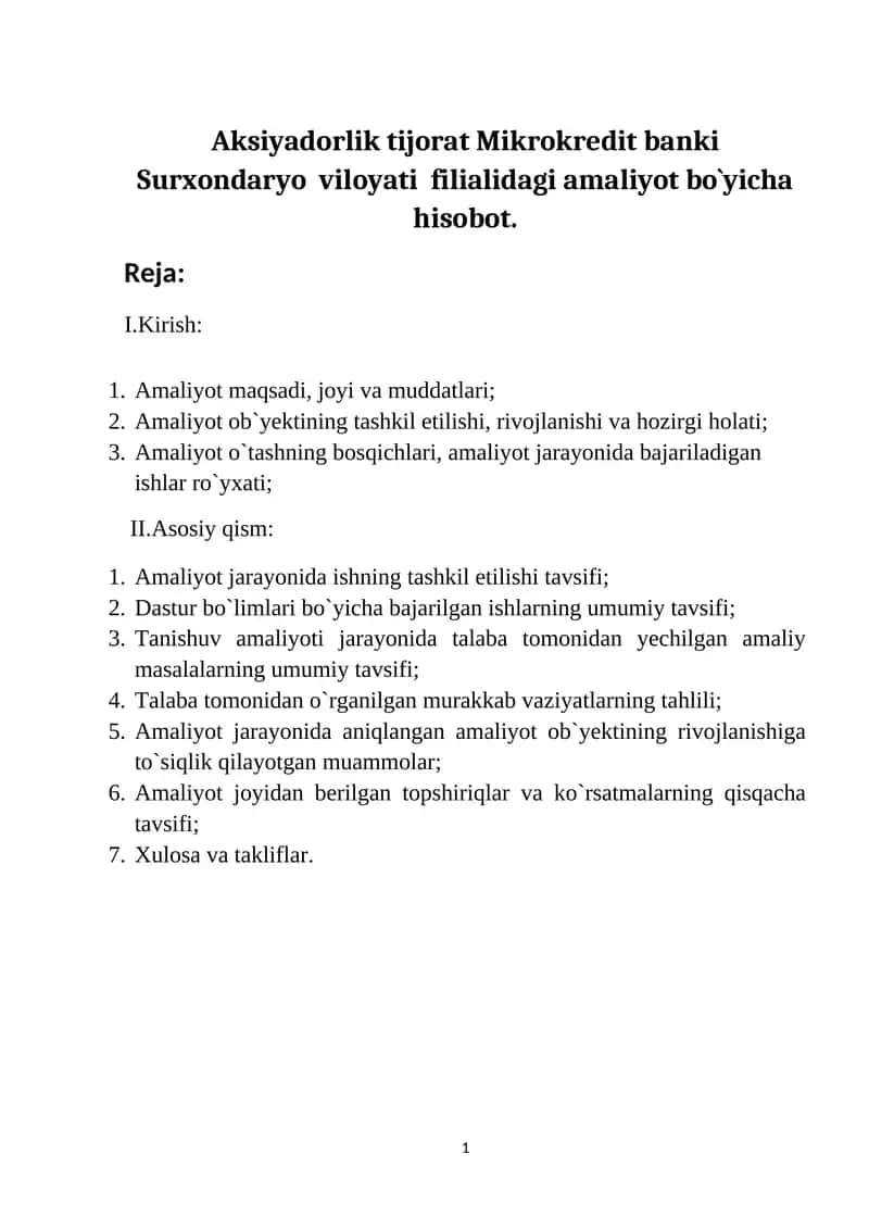 Aksiyadorlik tijorat Mikrokredit banki Surxondaryo viloyati filialidagi amaliyot bo`yicha hisobot 1