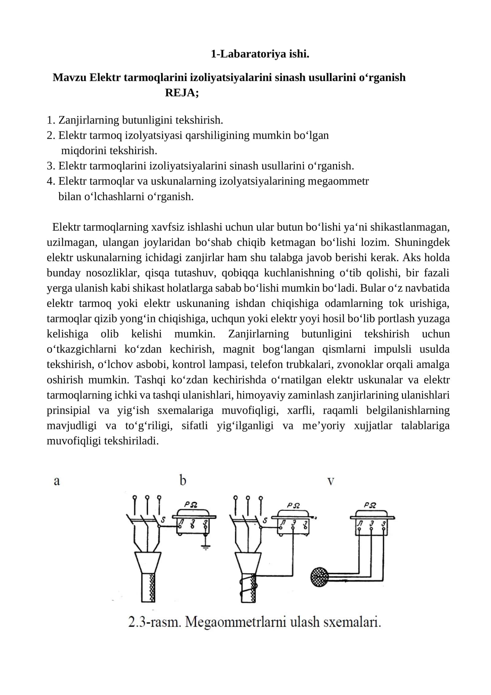 Elеktr tarmoqlarini izoliyatsiyalarini sinash usullarini o‘rganish 1