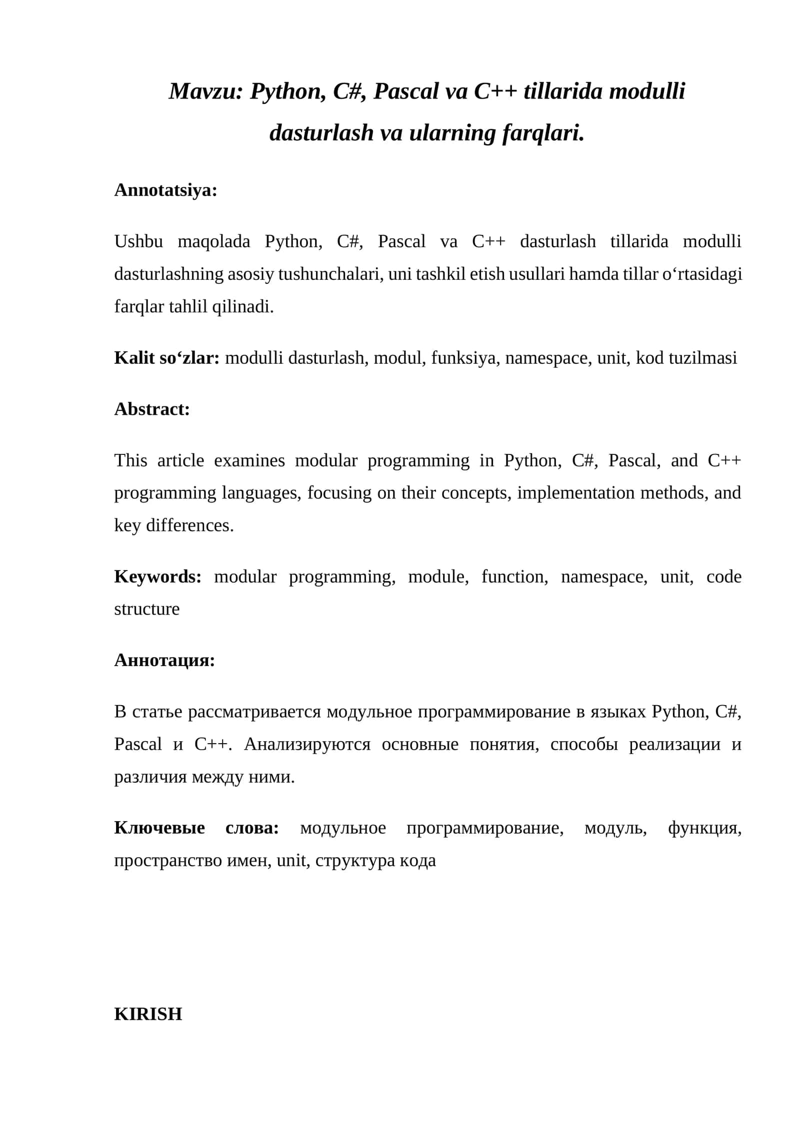 Python, C#, Pascal va C++ tillarida modulli dasturlash va ularning farqlari 1