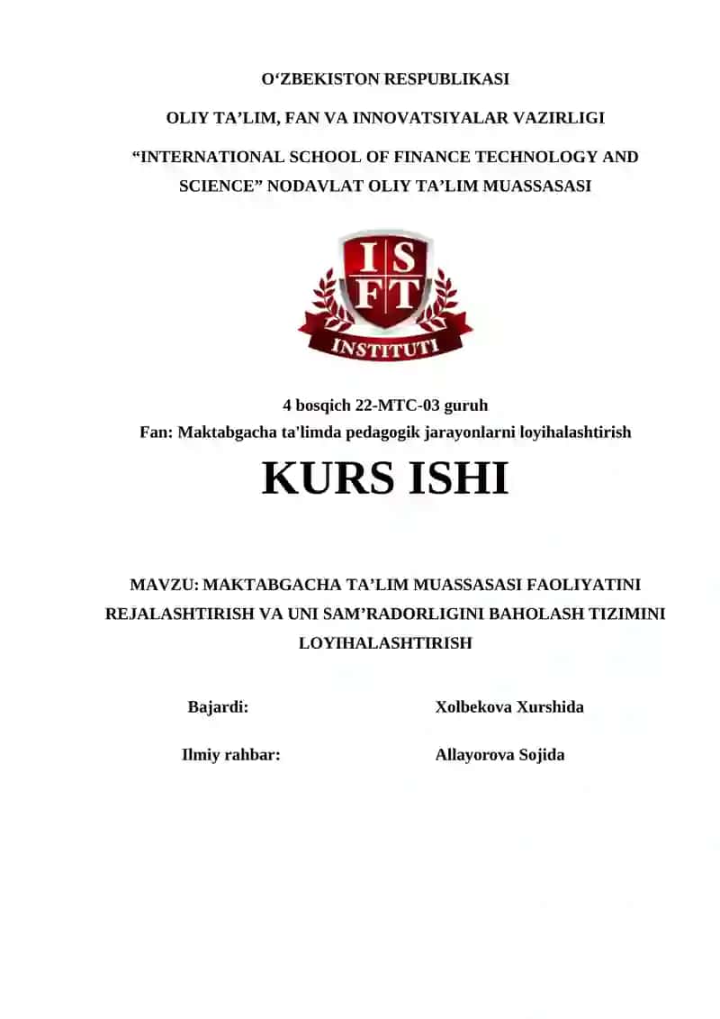 MAKTABGACHA TA'LIM MUASSASASI FAOLIYATINI REJALASHTIRISH VA UNI SAMʼRADORLIGINI BAHOLASH TIZIMINI LOYIHALASHTIRISH