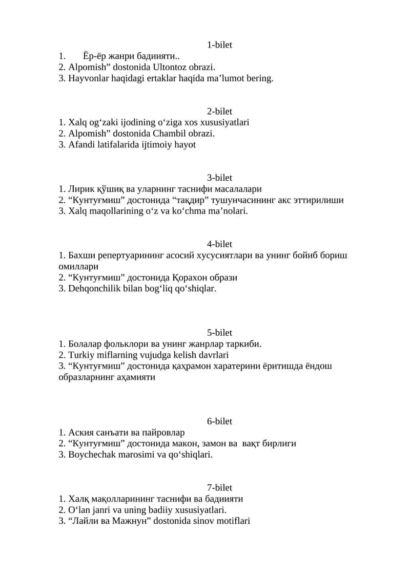 Xalq og‘zaki ijodi bo'yicha imtihon biletlari 1