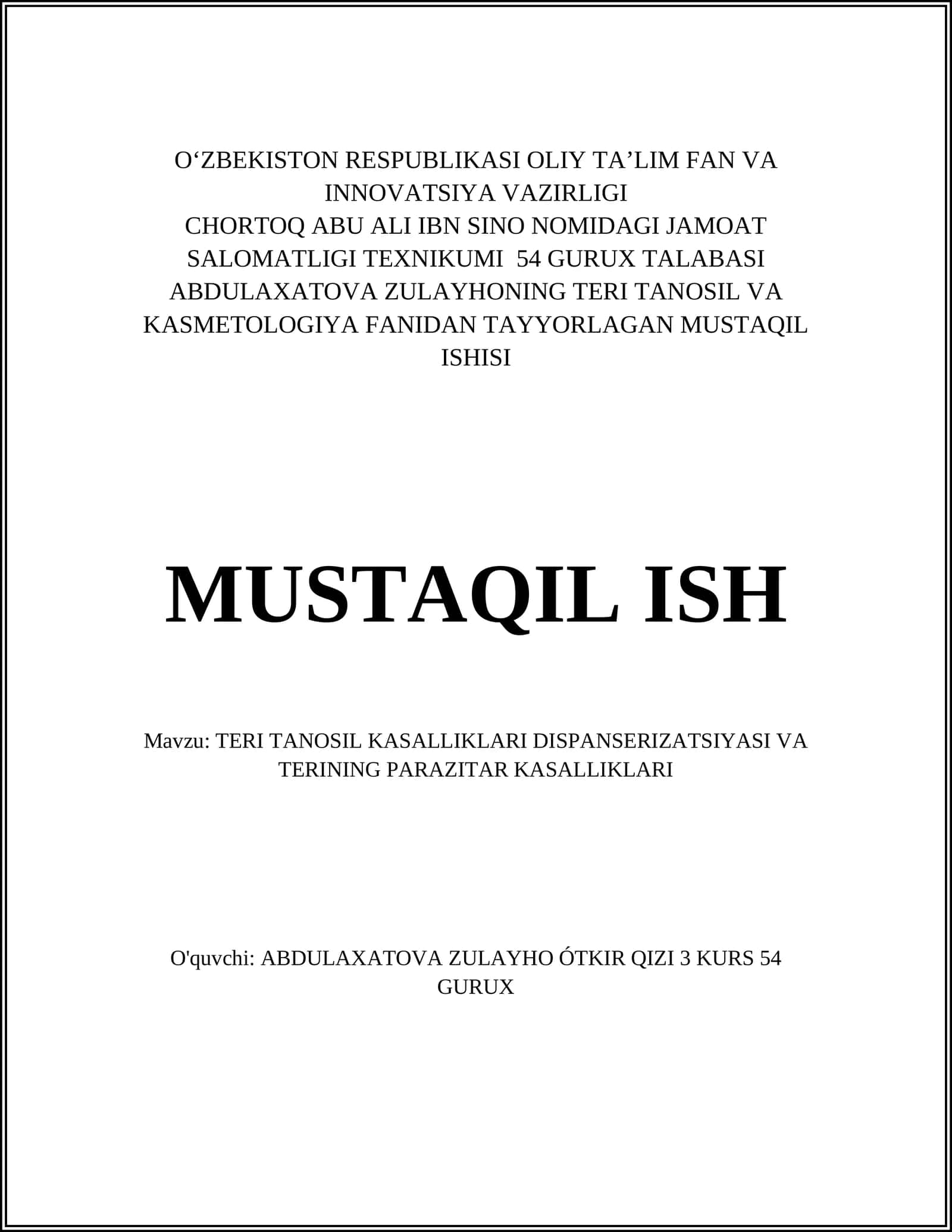 TERI TANOSIL KASALLIKLARI DISPANSERIZATSIYASI VA TERINING PARAZITAR KASALLIKLARI 1