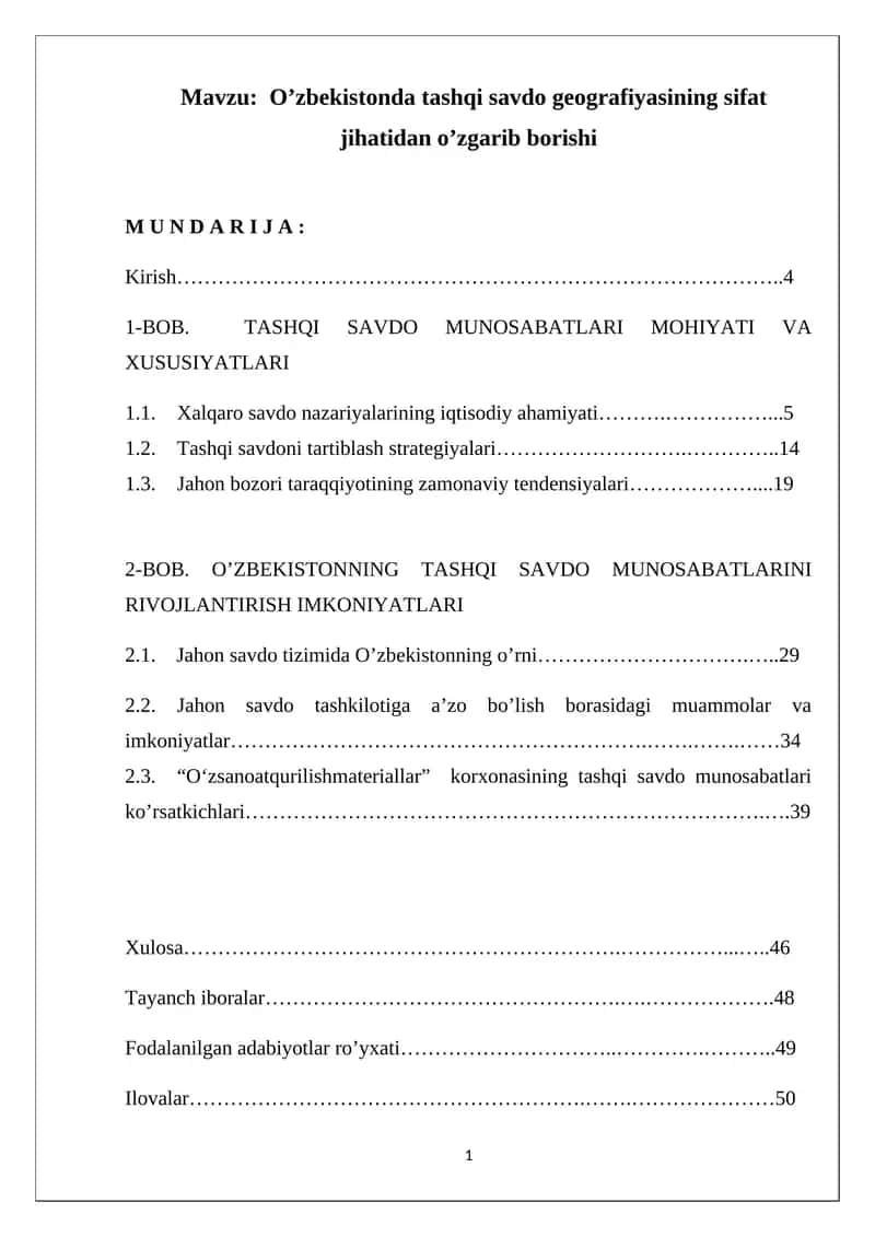 O’zbekistonda tashqi savdo geografiyasining sifat jihatidan o’zgarib borishi 1
