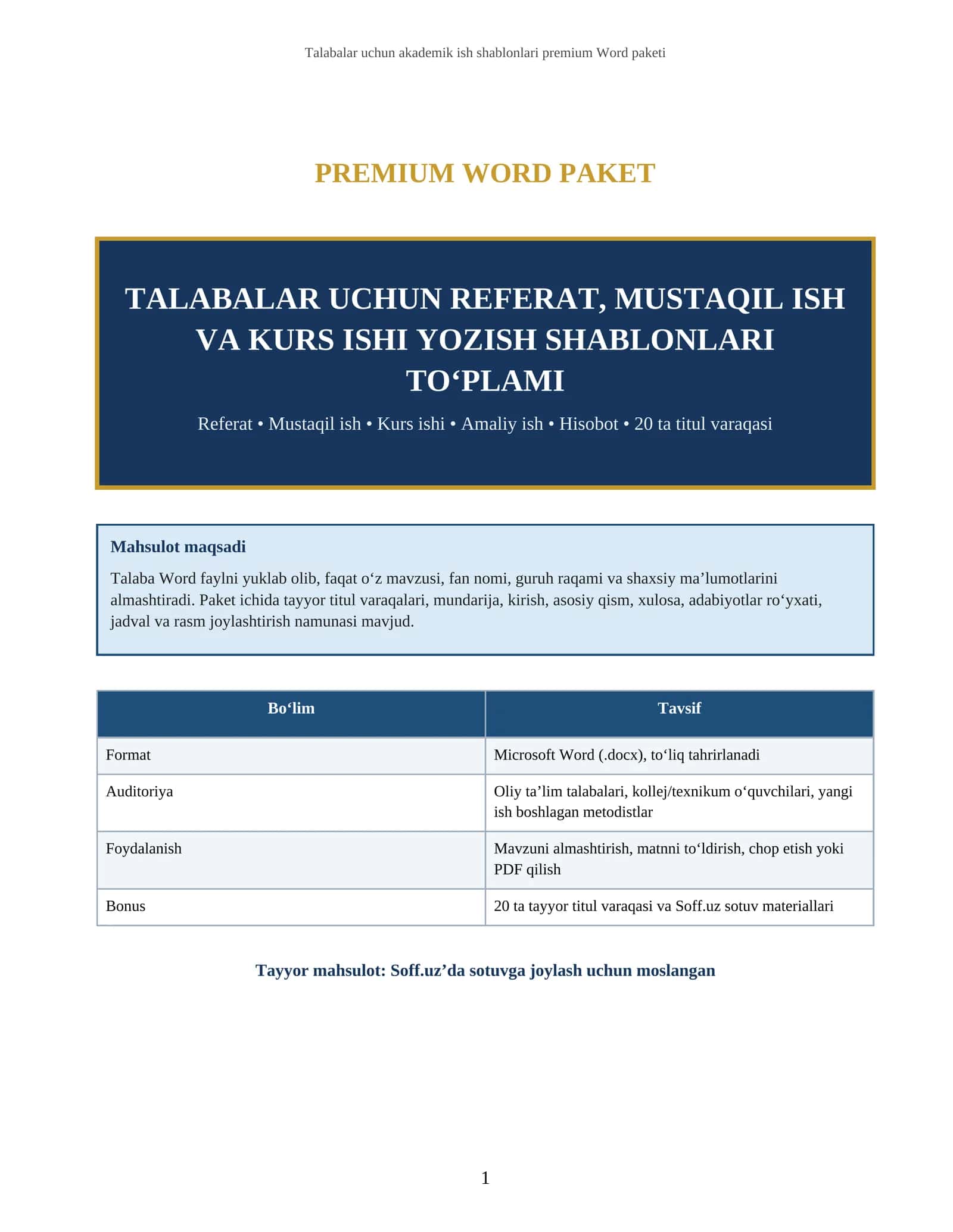 TALABALAR UCHUN REFERAT, MUSTAQIL ISH VA KURS ISHI YOZISH SHABLONLARI TO‘PLAMI 1