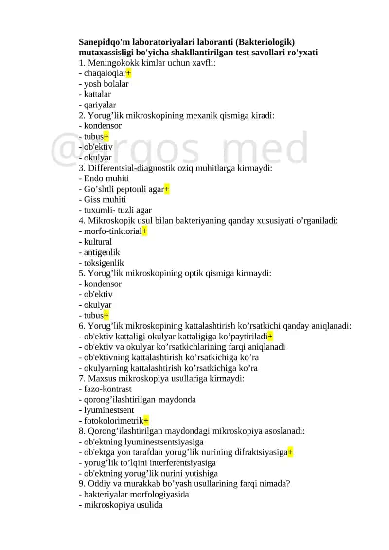 Sanepidqo'm laboratoriyalari laboranti (Bakteriologik) mutaxassisligi bo'yicha shakllantirilgan test savollari ro'yxati 1