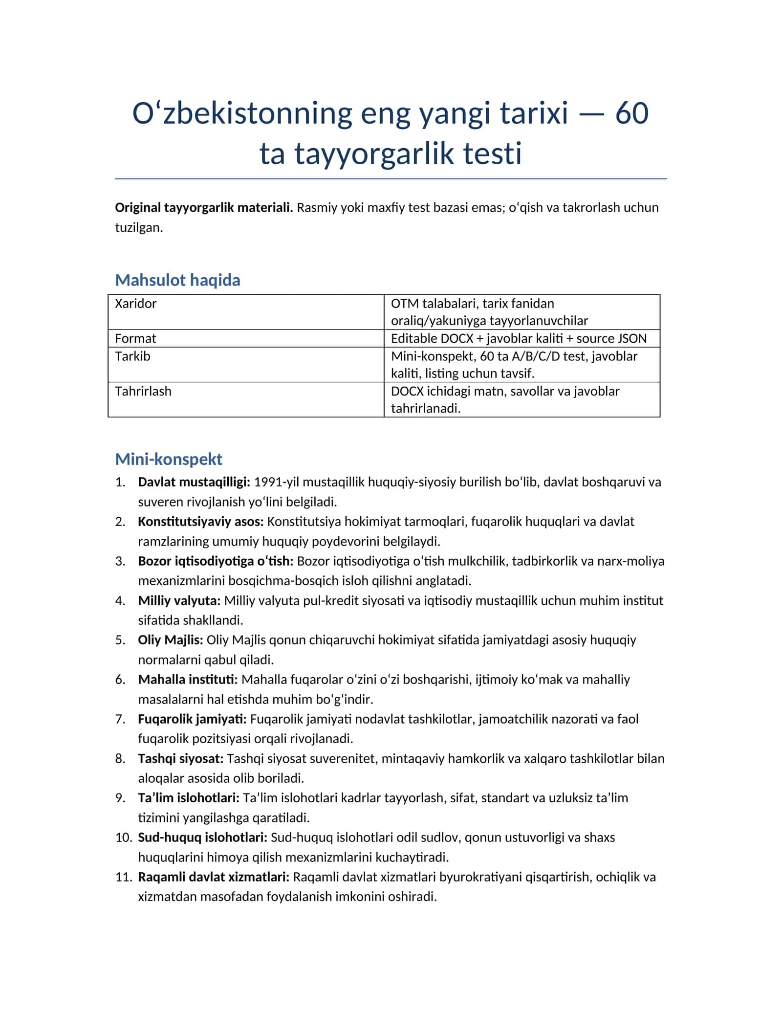 O‘zbekistonning eng yangi tarixi — 60 ta tayyorgarlik testi 1