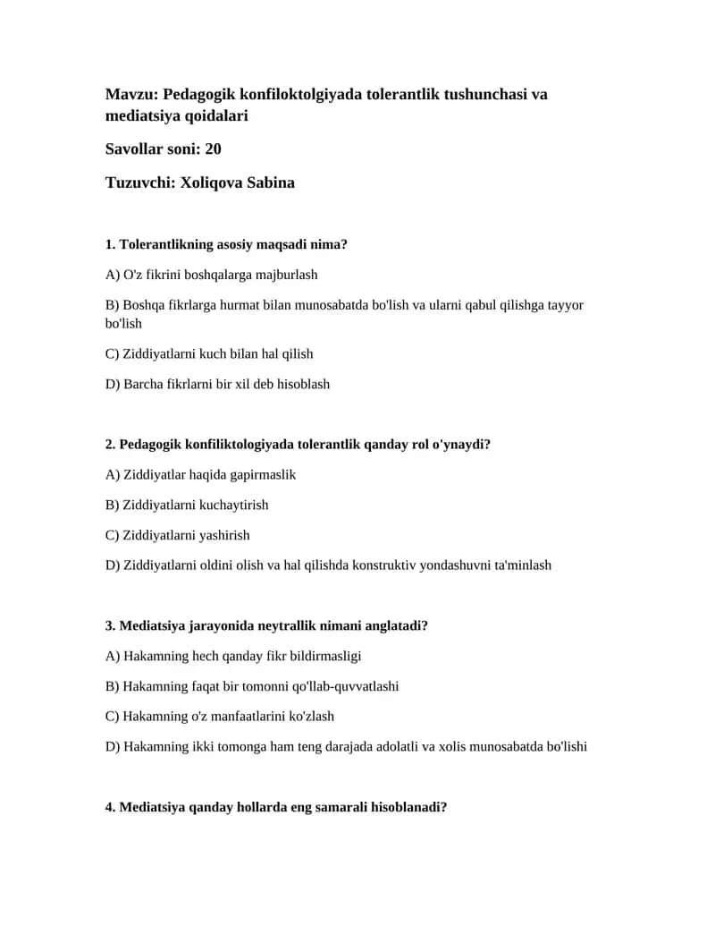 Pedagogik konfiloktolgiyada tolerantlik tushunchasi va mediatsiya qoidalari 1
