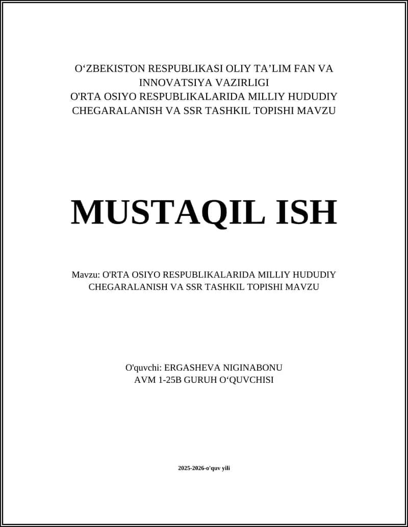 O'RTA OSIYO RESPUBLIKALARIDA MILLIY HUDUDIY CHEGARALANISH VA SSR TASHKIL TOPISHI 1