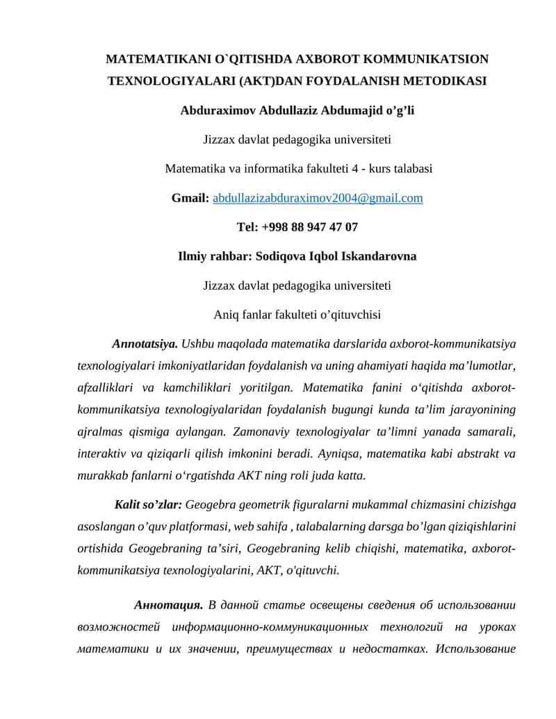 MATEMATIKANI O`QITISHDA AXBOROT KOMMUNIKATSION TEXNOLOGIYALARI (AKT)DAN FOYDALANISH METODIKASI 1