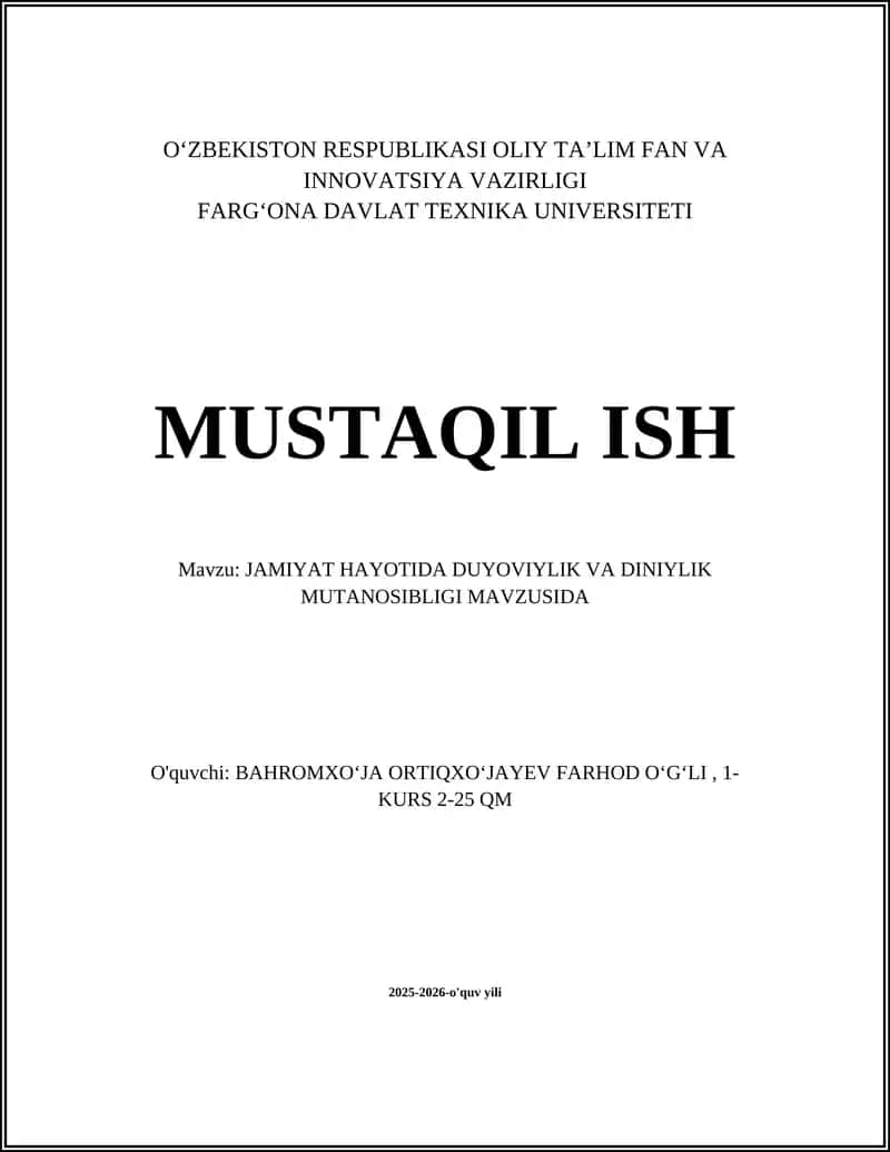 JAMIYAT HAYOTIDA DUYOVIYLIK VA DINIYLIK MUTANOSIBLIGI 1