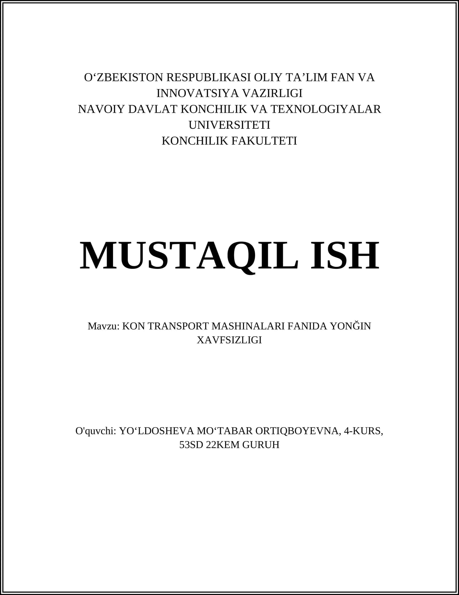 Kon transport mashinalari fanida yong'in xavfsizligi asoslari 1