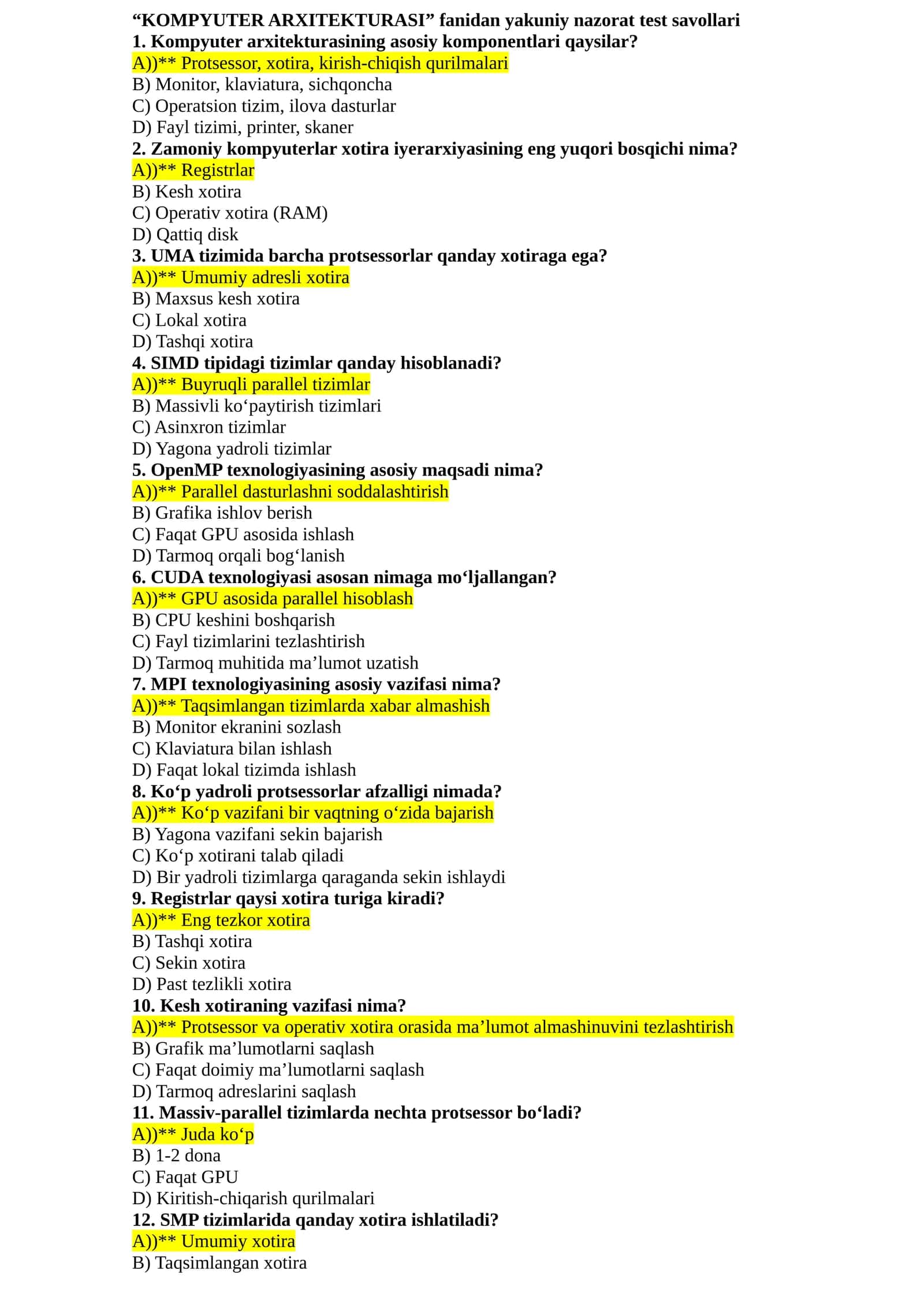 KOMPYUTER ARXITEKTURASI fanidan yakuniy nazorat test savollari 1