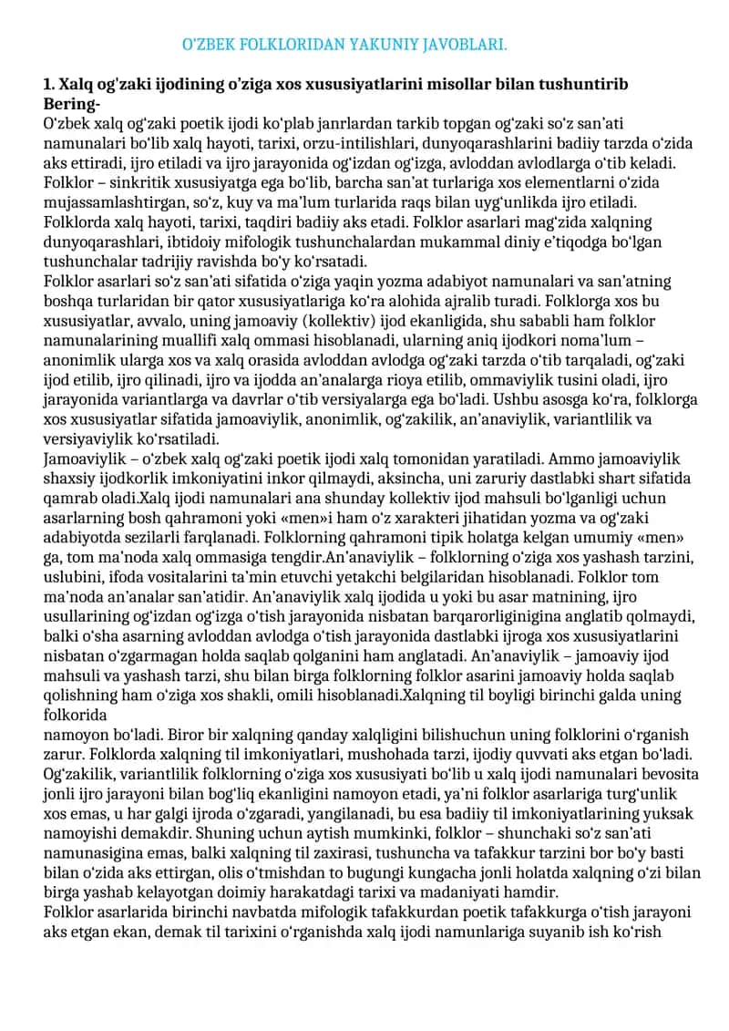 O'ZBEK FOLKLORIDAN YAKUNIY JAVOBLARI 1