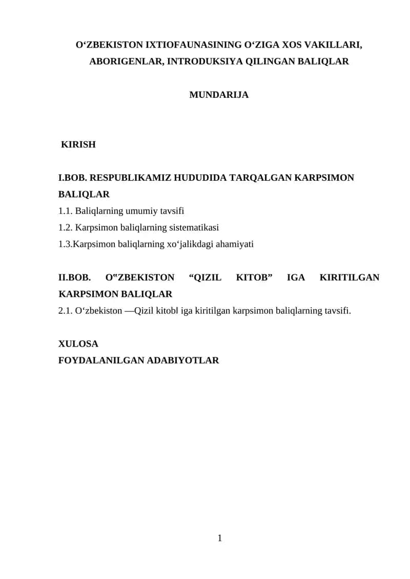 OʻZBEKISTON IXTIOFAUNASINING OʻZIGA XOS VAKILLARI, ABORIGENLAR, INTRODUKSIYA QILINGAN BALIQLAR 1