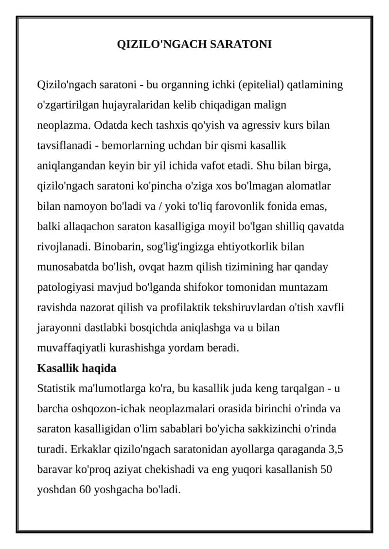 Qizilo'ngach saratoni 1