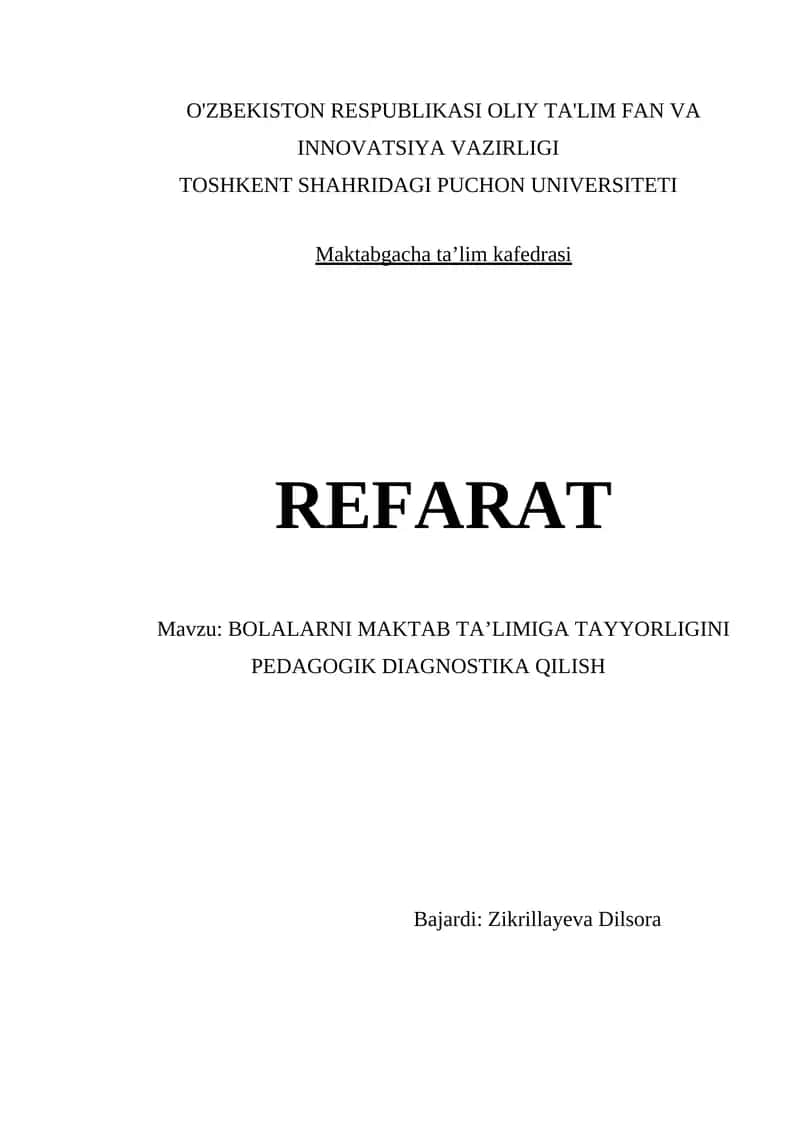 Bolalarni Maktab Ta’limiga Tayyorligini Pedagogik Diagnostika Qilish 1